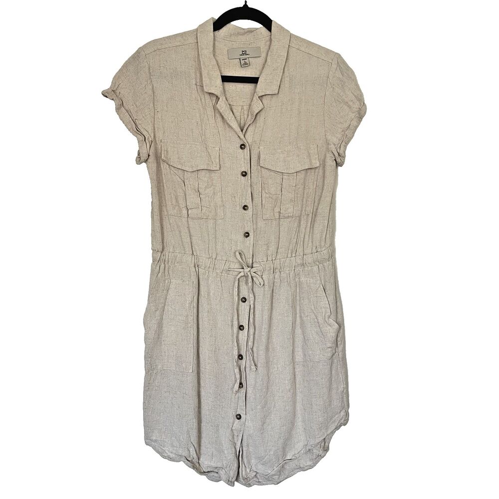 Thread & Supply Dress Sz M Short Sleeve Button Pockets Knee Length Linen Blend